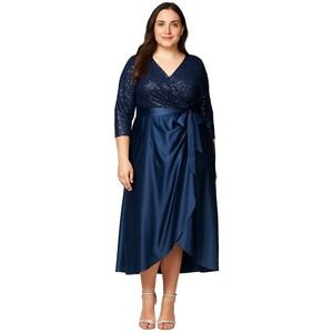 Alex Evenings Plus Size 22W Navy Sequin Midi Cocktail Dress Party 3/4 Sleeve